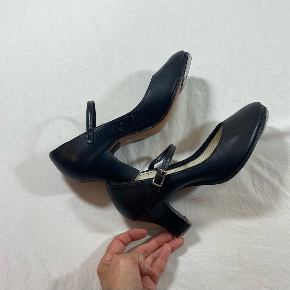 Elegant Black Women's Tap dance shoes leather size 7 square toe Strap Heels
